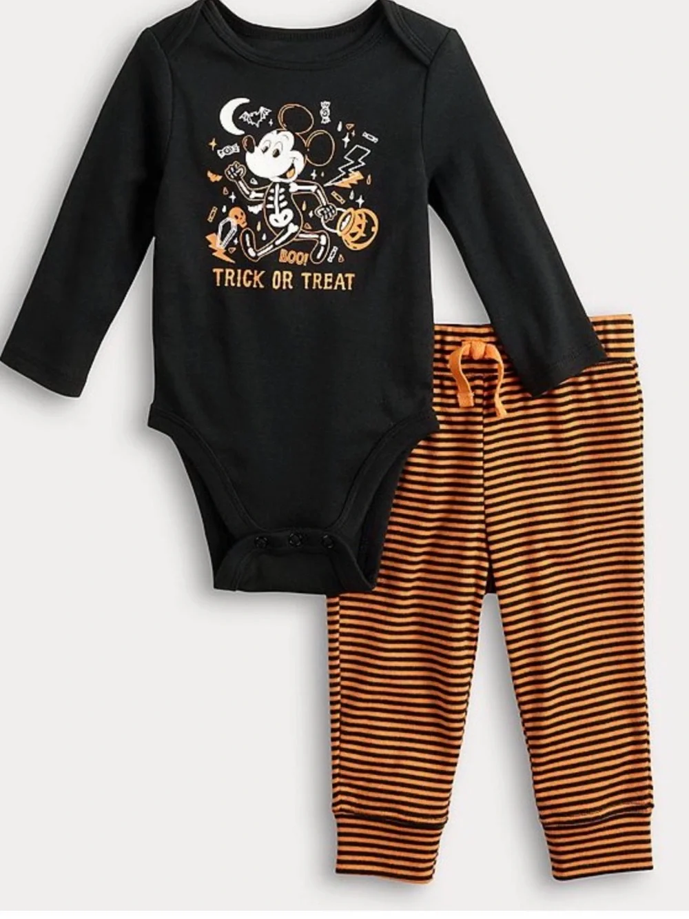 Kids' Halloween Skeleton Mouse Bodysuit & Stripe Pants Set - Black & Orange